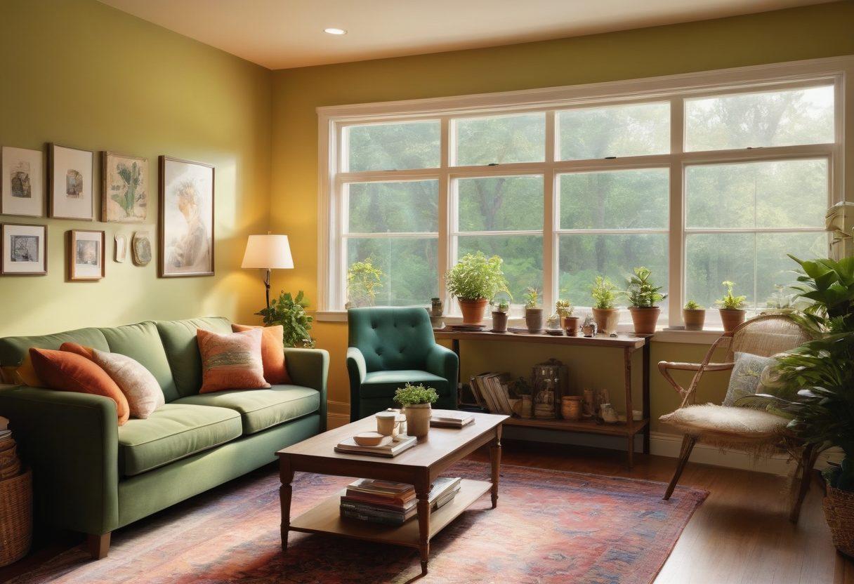 A warm, inviting scene of diverse moms gathered in a cozy living room, exchanging advice and laughter over coffee, surrounded by family photos and children's artwork. Soft sunlight filters through the window, creating a nurturing atmosphere filled with whispers of support and joy. Include elements like plants, notebooks, and tea cups to enhance the community vibe. super-realistic. vibrant colors. cozy setting.