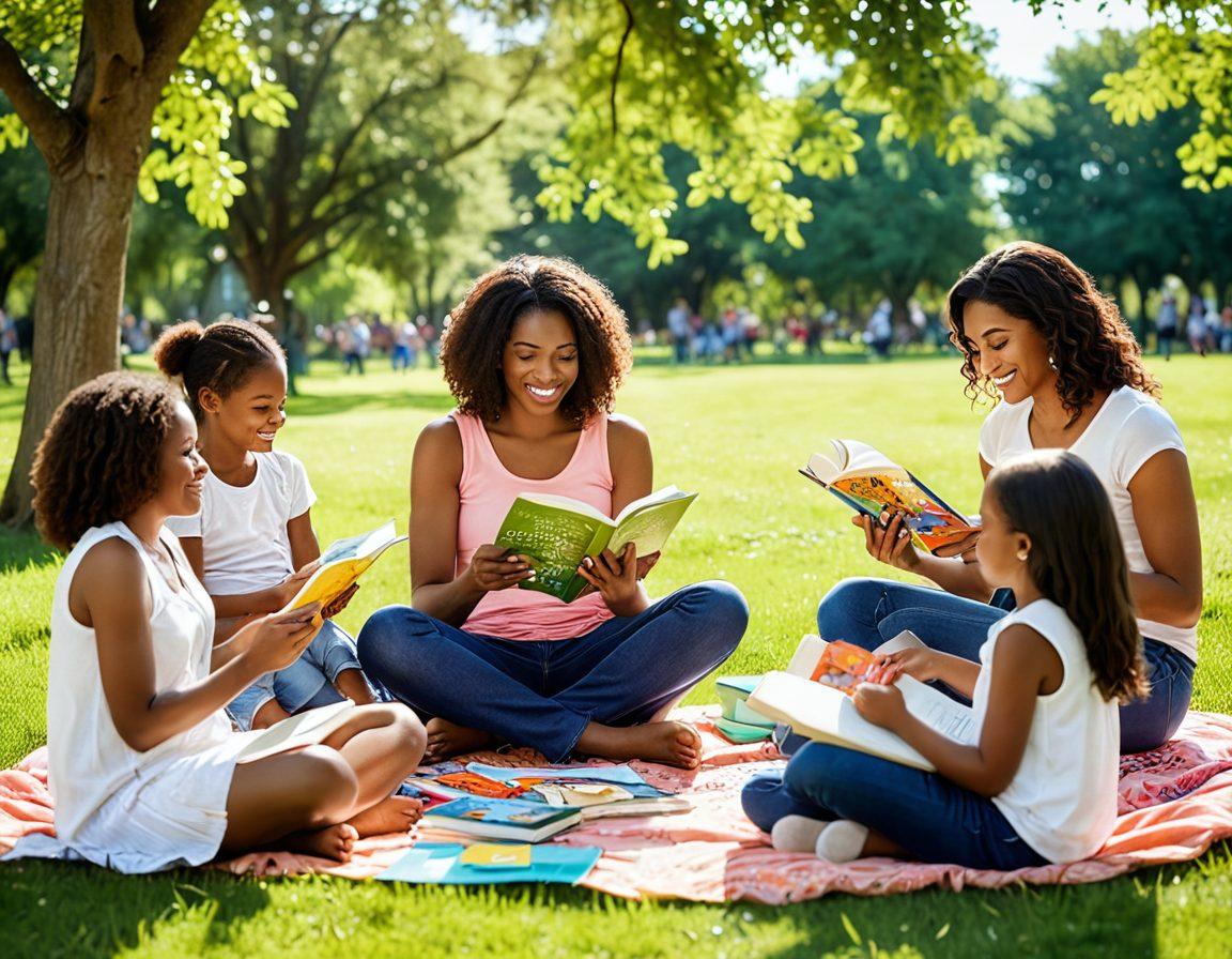 A warm and inviting scene of a diverse group of mothers engaged in various activities that symbolize empowerment and support, such as reading, parenting workshops, and sharing resources. Include elements like colorful books, motivational quotes floating in the air, and a sunlit park background with children playing. The atmosphere should exude positivity and collaboration. vibrant colors. 3D.