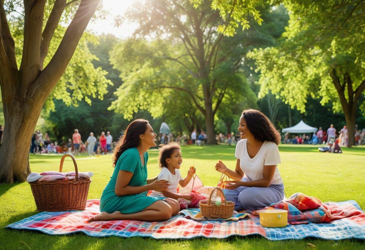 A nurturing scene depicting a diverse group of mothers with their children, sharing joyful moments in a serene park. The image should include elements like a picnic setup, playful children, and warm sunlight filtering through the trees. Capture the essence of support and community among mothers. vibrant colors. super-realistic.